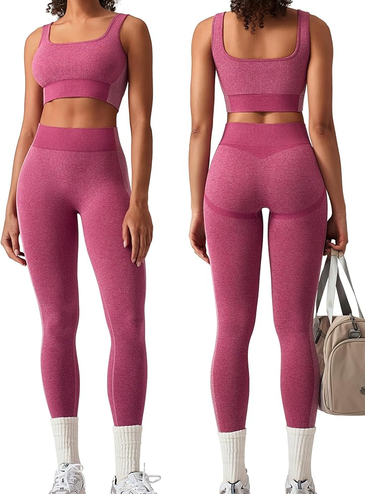 Amazon.com: OLCHEE Womens Workout Sets 2 Piece Seamless Square Neck Sports Bra Padded Butt Liftin... | Amazon (US)