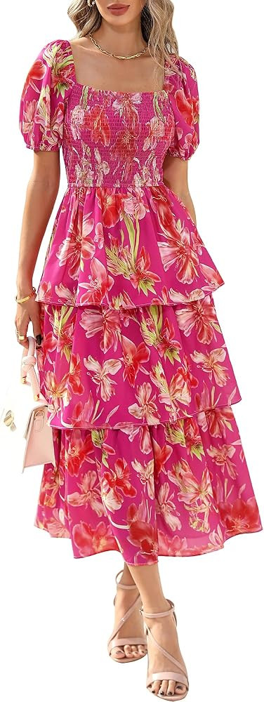 BTFBM Womens Square Neck Smocked Dress Summer Puff Short Sleeve Floral Casual Ruffle Tiered Maxi ... | Amazon (US)