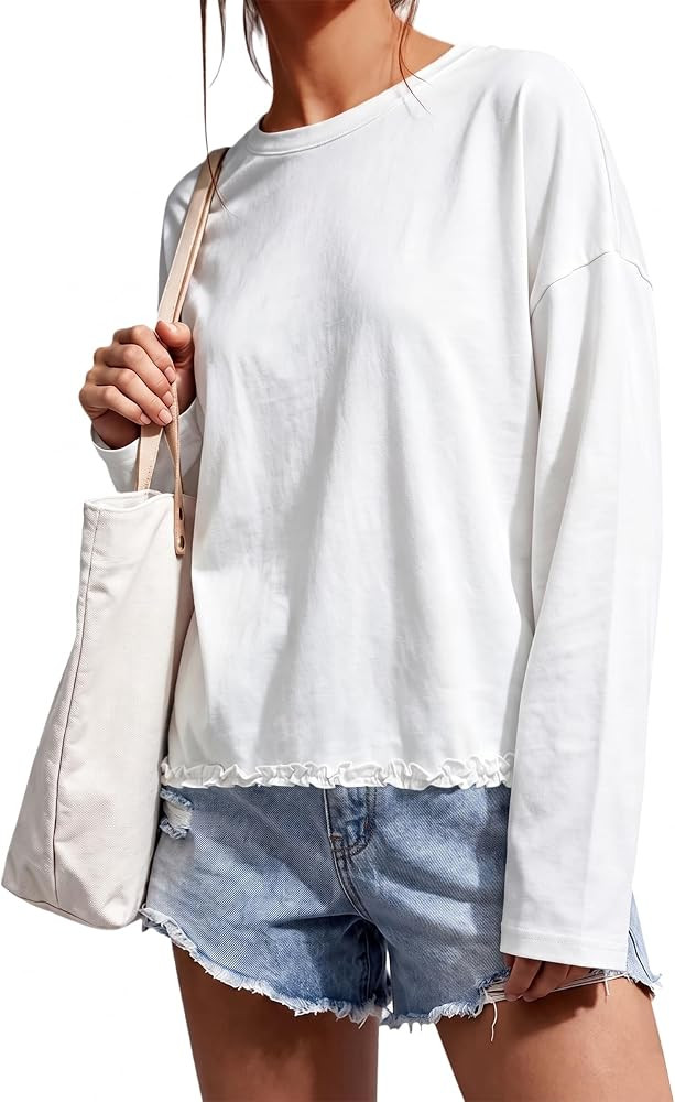 Cicy Bell Womens Oversized Ruffle Hem Tops Crew Neck Casual Boxy T Shirts | Amazon (US)
