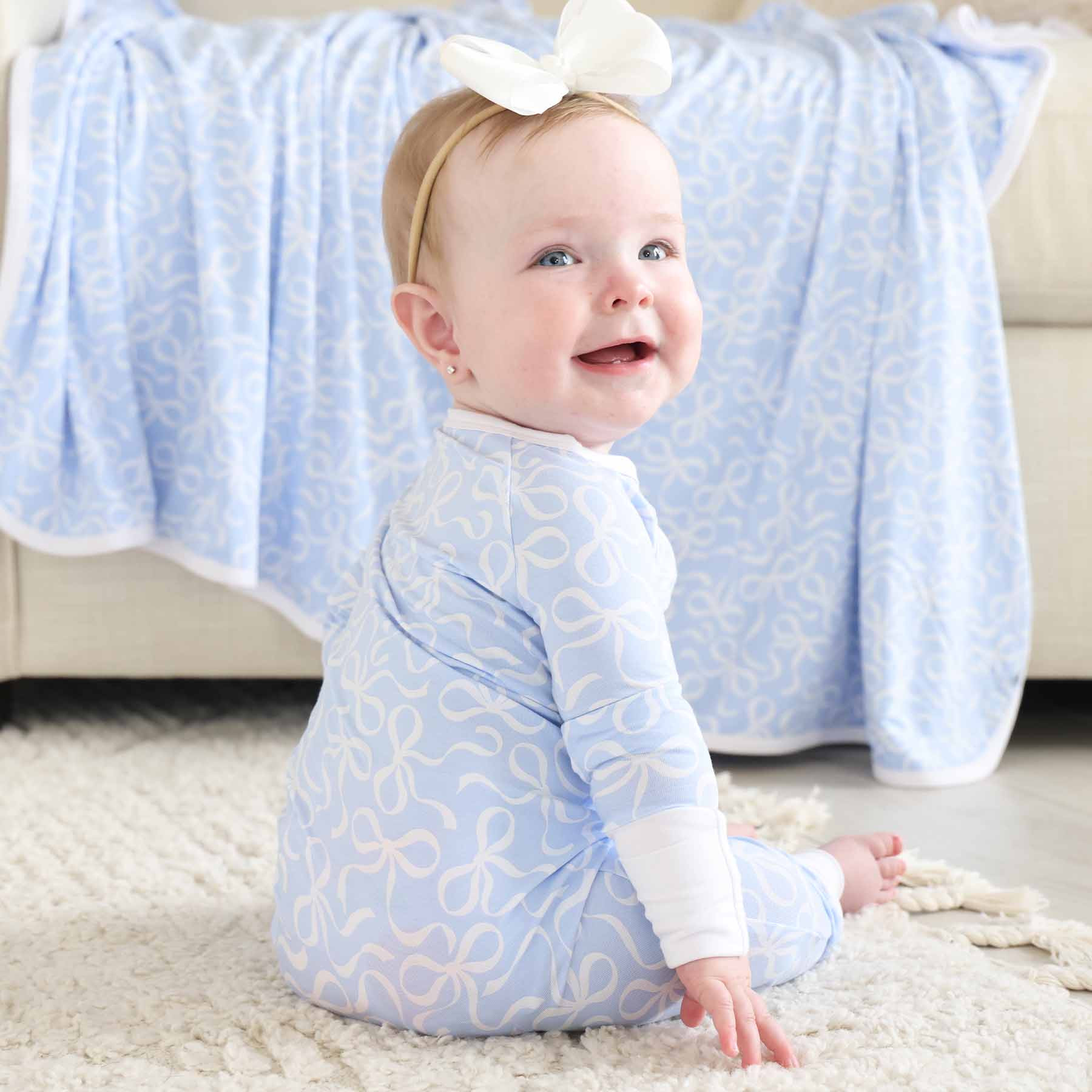 Girl's Two Piece Flare Lounge Set | Blue-tiful Bows | Caden Lane