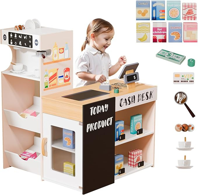 JOYMOR Grocery Store Pretend Play, Interactive Wooden Supermarket Toy Playset w/Vending Coffee Ma... | Amazon (US)