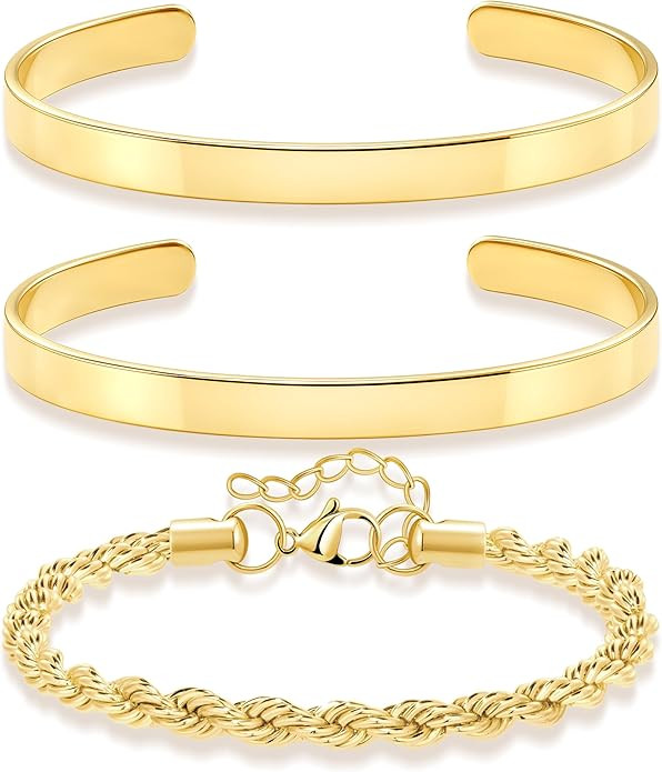 Gold Bracelets for Women Non Tarnish Dainty 14K Gold Plated Bangle Cuff Bracelets Stack for Women... | Amazon (US)