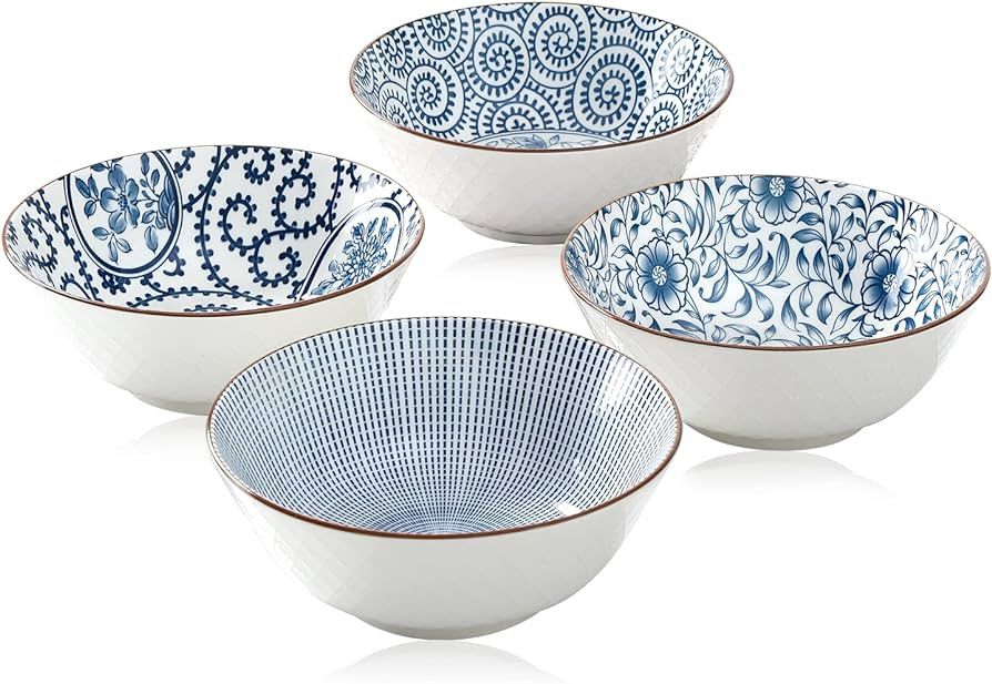 YALONG 8 Inch 40 Ounce Ceramic Bowls for Kitchen Deep Soup Pho Bowls, Blue White Large Porcelain ... | Amazon (US)