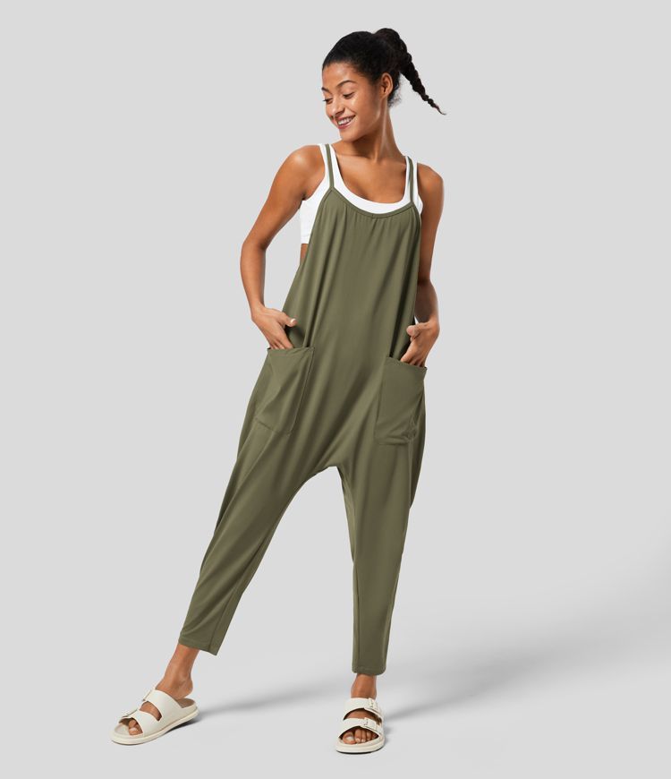 Backless Multiple Pockets Ankle Length Casual Loose Tapered Jumpsuit | HALARA