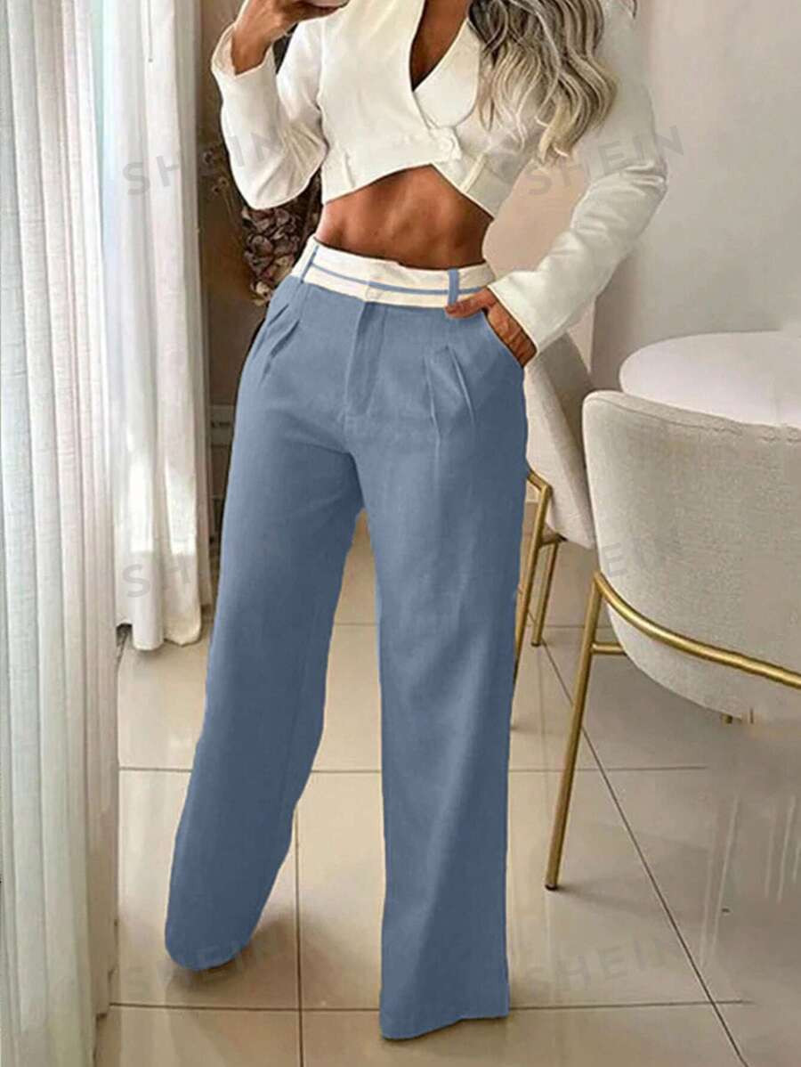 SHEIN Relaxiva Women's Contrast Color Pleated Straight Leg Loose Casual Pants For Work | SHEIN