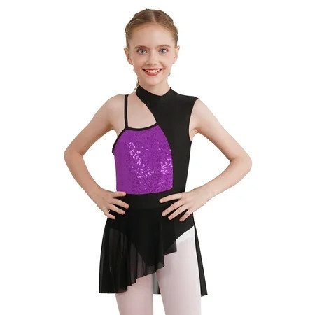 CHICTRY Kids Girls Ballet Contemporary Dance Dress Shiny Sequins Mesh Patchwork Asymmetrical Dance Costume Purple 10 | Walmart (US)