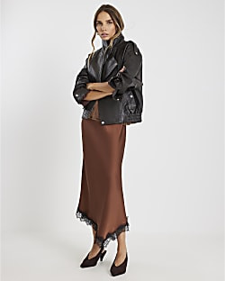 Brown Lace Trim Satin Midi Skirt | River Island UK & IE