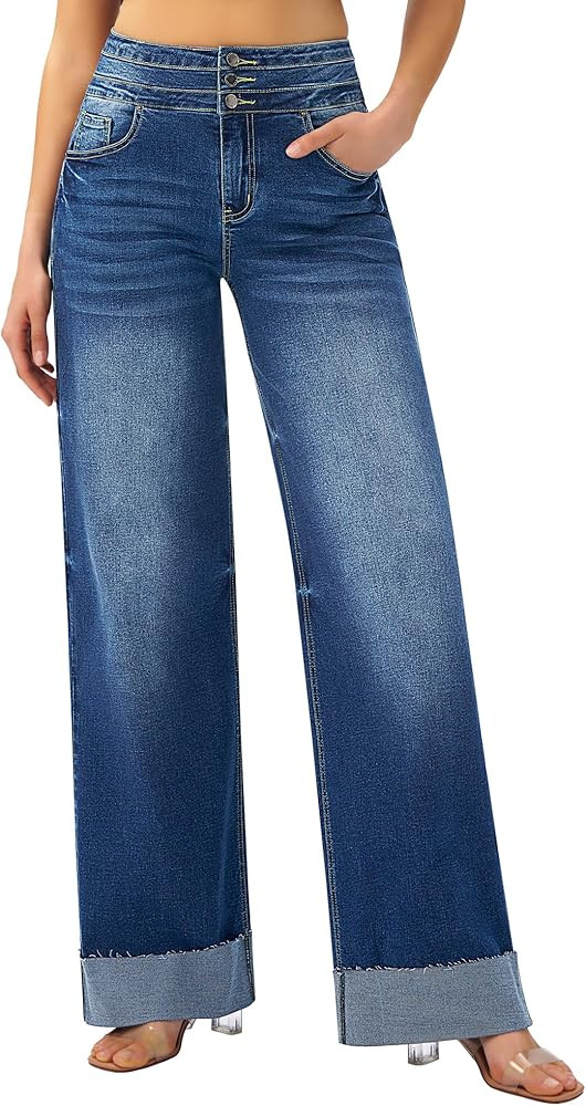 roswear Women's High Waisted Stretchy Wide Leg Jeans Cuffed Baggy Jeans Loose Denim Pants | Amazon (US)