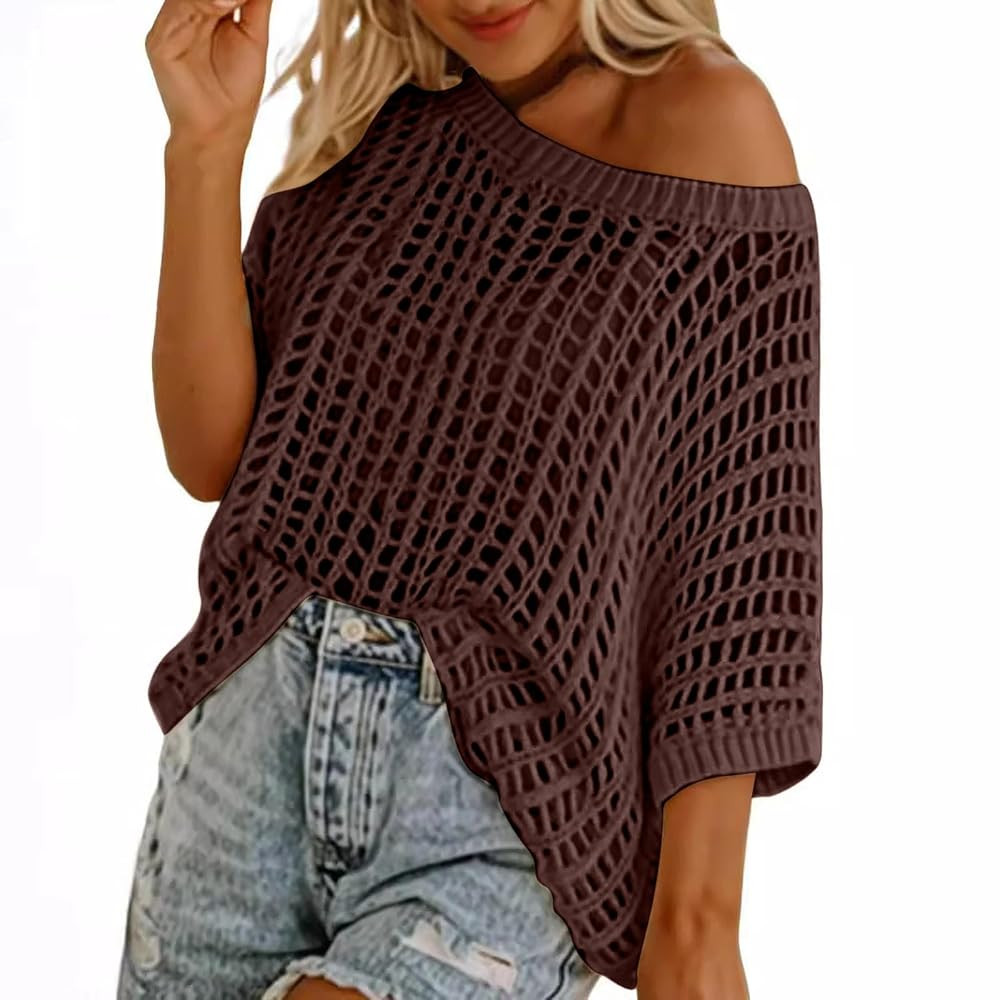 HGps8w Women's Off The Shoulder Crochet Tops Half Sleeve Hollow Sweaters Loose Knitted Pullover C... | Amazon (US)