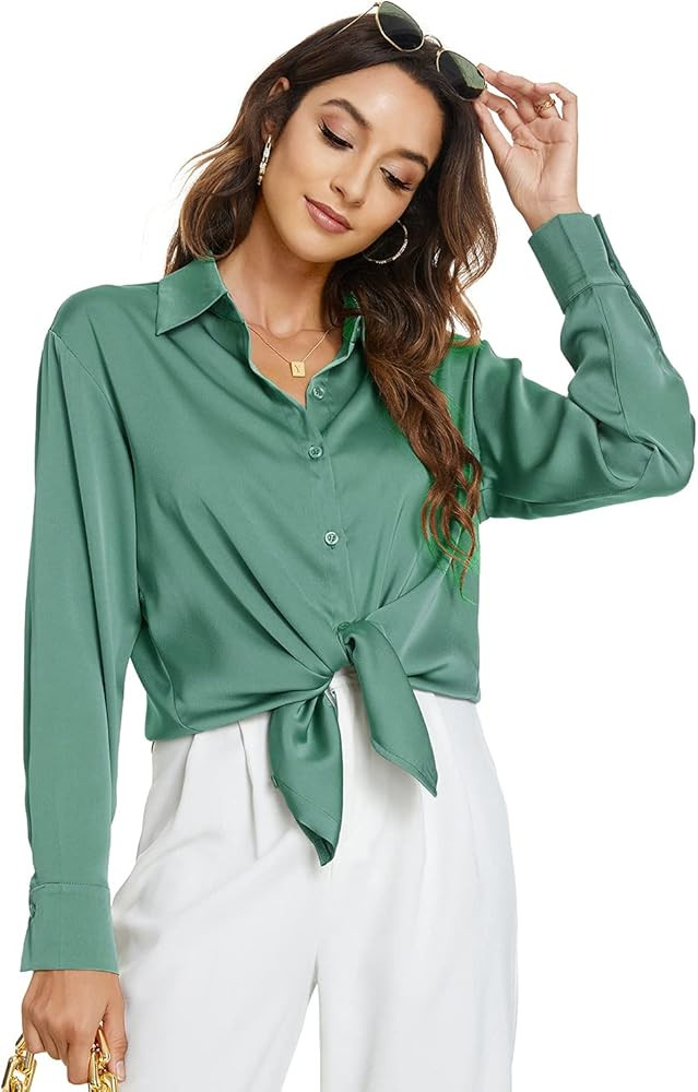 Atnlewhi Womens Long Sleeve Button Down Satin Silk Shirts Casual Business Smooth Blouse Tops | Amazon (US)