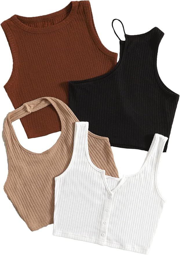 MakeMeChic Women's 4pcs Sleeveless Ribbed Knit Solid Crop Tank Tops Camisole Pack | Amazon (US)