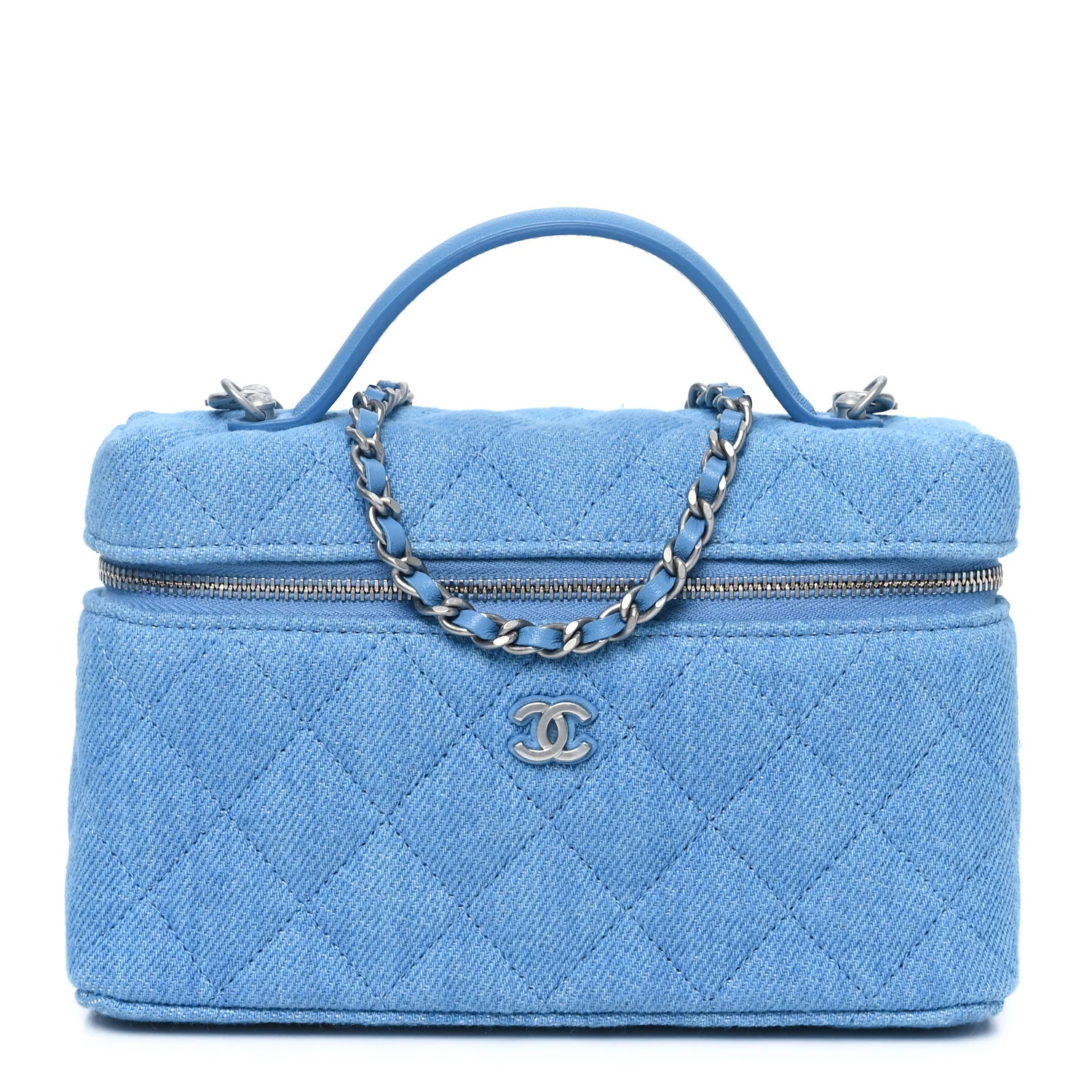 Denim Quilted Top Handle Vanity Case With Chain Blue | FASHIONPHILE (US)