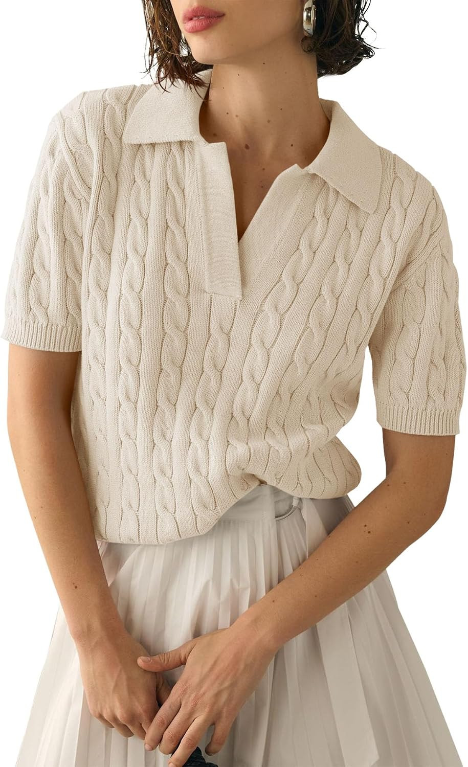 Imily Bela Womens Cable Short Sleeve Sweaters Tops Lapel V Neck Knit Shirt | Amazon (US)