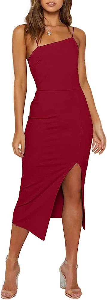 LYANER Women's Spaghetti Straps Split Hem Sleeveless Zipper Bodycon Midi Dress | Amazon (US)