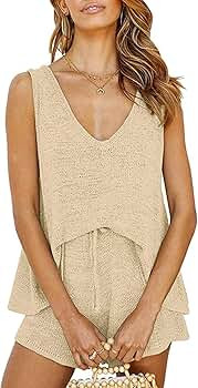 KIRUNO 2021 Women’s Sleeveless V Neck Pajama Sets Striped Print Knitted Drawstring Waist Belt S... | Amazon (US)