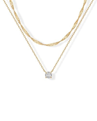 PAVOI 14K Yellow Gold Plated Twisted Singapore Chain Layering Choker with Round Solitaire Pendant Necklace Pack for Women | Cubic Zirconia Statement Layered Necklace Set | Amazon (US)