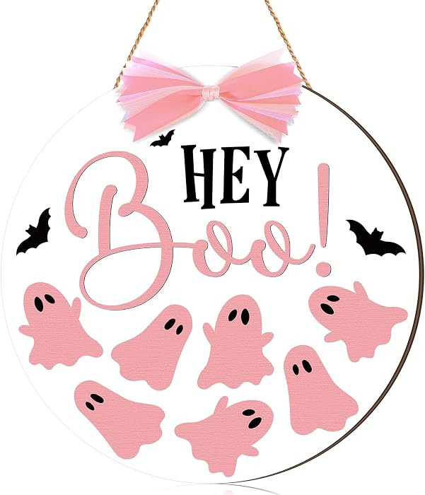 Beeveer Halloween Door Sign Pink Ghost Wreath Decorations Boo Wooden Hanging Decorations with Pin... | Amazon (US)
