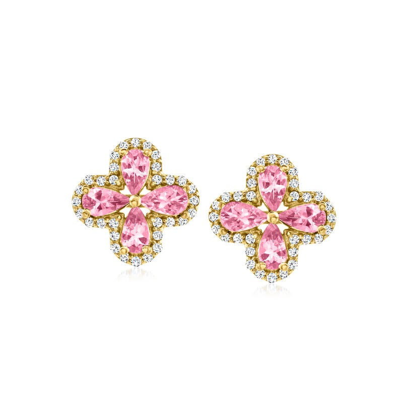 1.60 ct. t.w. Pink Tourmaline and .30 ct. t.w. White Zircon Floral Earrings in 18kt Gold Over Ste... | Ross-Simons