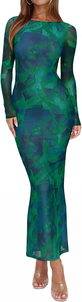 REORIA Women's Fall Mesh Sheer Long Sleeve Wedding Guest Dress Sexy Floral Bodycon Maxi Long Dres... | Amazon (US)
