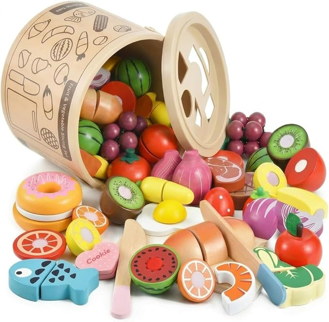 WHOHOLL 43 Pcs Wooden Play Food for Kids Play Kitchen Accessories Playset with Basket, Pretend Cu... | Amazon (US)