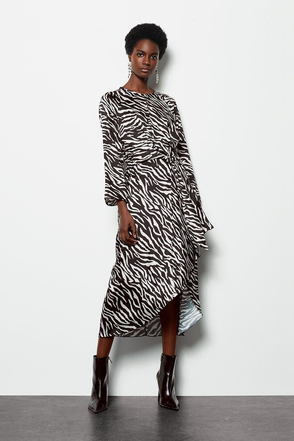 Twist Satin Front Zebra Midi Dress | Karen Millen UK & IE