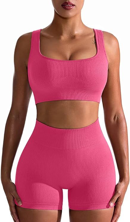 OQQ Workout Outfits for Women 2 Piece Seamless Ribbed High Waist Leggings with Sports Bra Exercis... | Amazon (US)