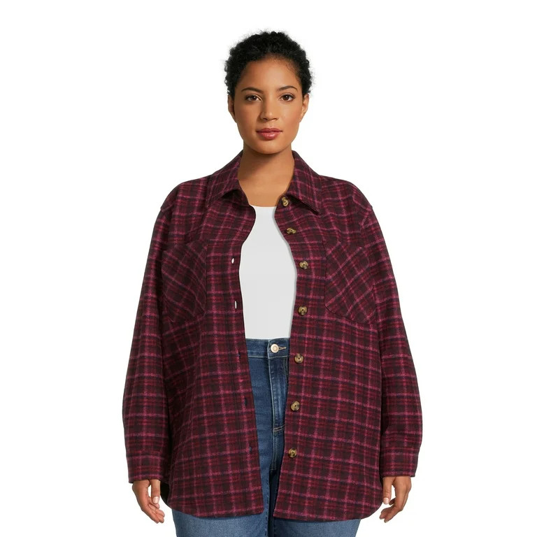 Terra & Sky Women's Plus Size Plaid Button Down Shacket | Walmart (US)