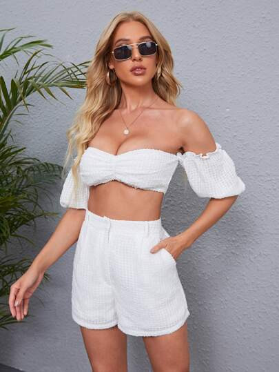 SHEIN Off Shoulder Puff Sleeve Crop Top & Shorts Set | SHEIN