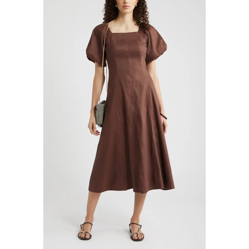 Nordstrom Seam Detail Linen Blend Midi Dress in Brown Roast at Nordstrom, Size Medium | Nordstrom