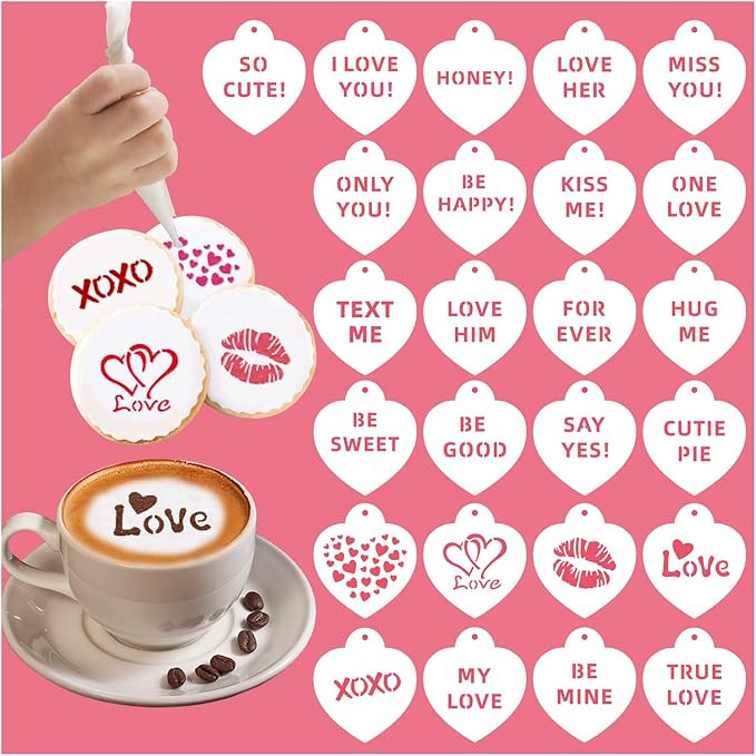 Leesgel Valentines Heart Stencils, 25pcs Reusable Cookie Coffee Cake Stencils for Valentines Deco... | Amazon (US)