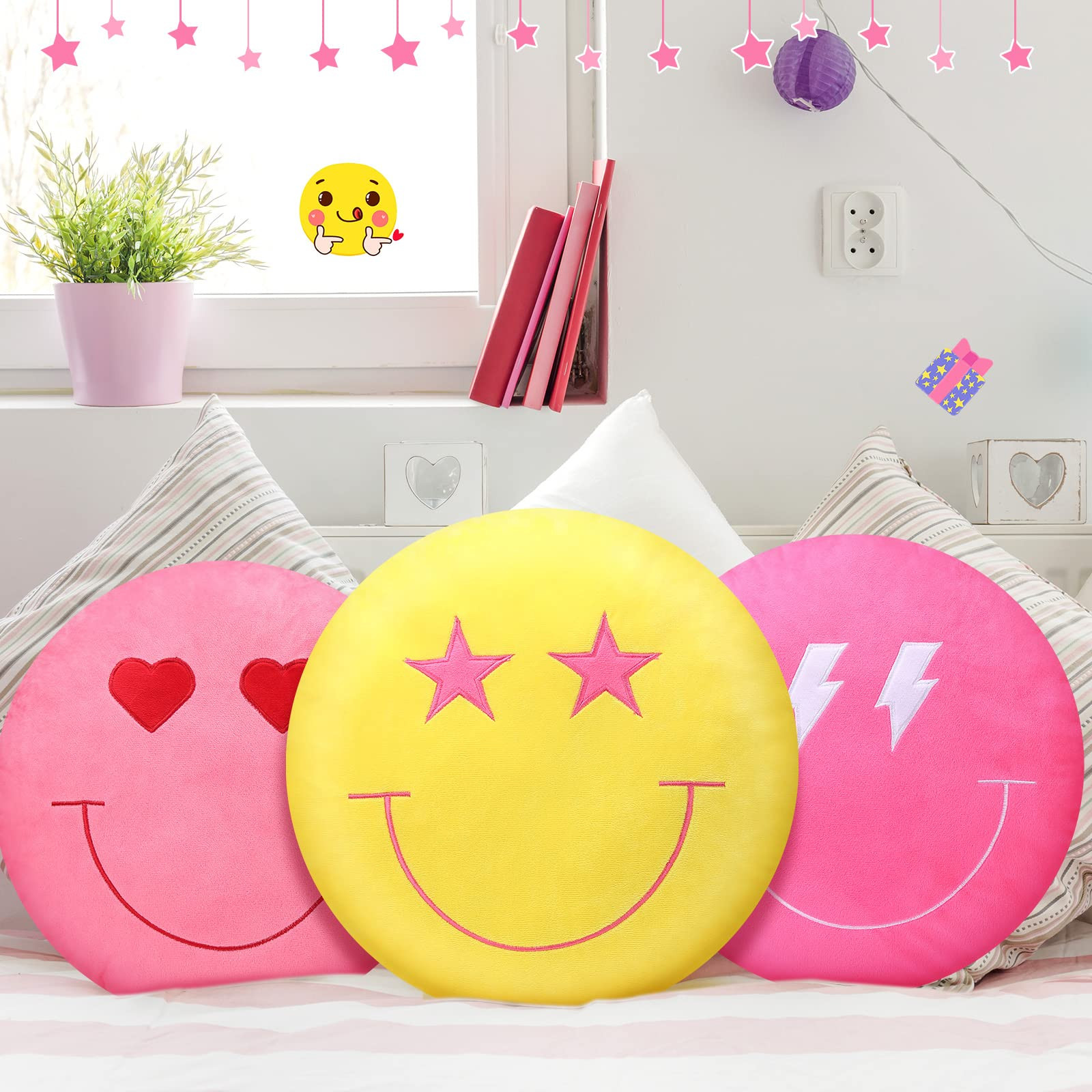 3 Pcs 16 Inch Face Emoticon Cushion Stuffed Plush Pillow, 3D Round Throw Pillows with Embroidery ... | Amazon (US)