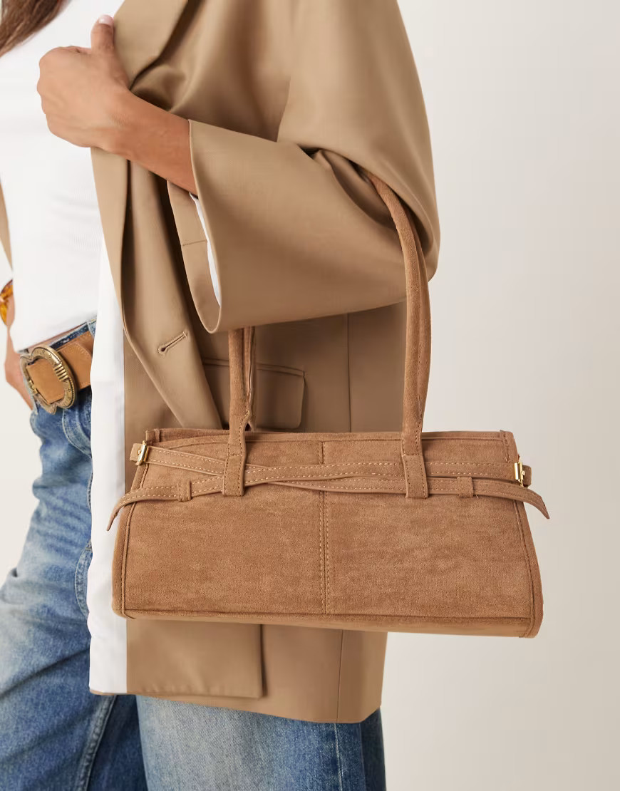 Gina Tricot faux suede buckle bowling shoulder bag with long handles in camel brown | ASOS (Global)