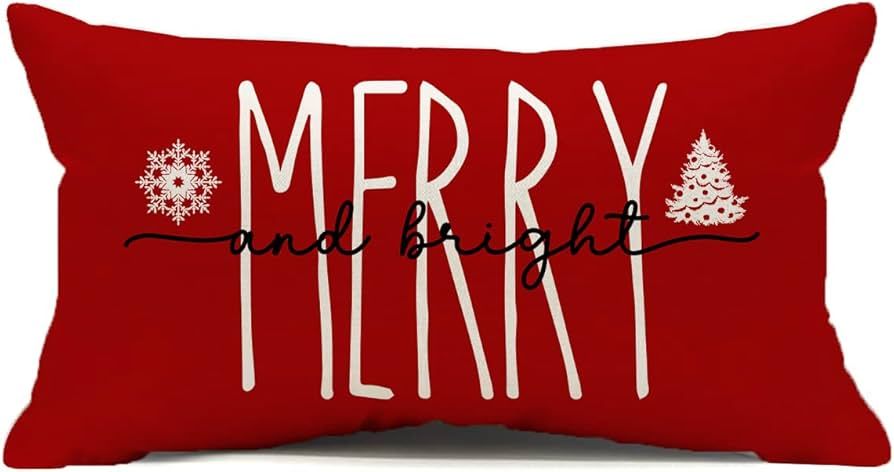 Kithomer Merry and Bright Christmas Decorations Pillow Cover, 12 x 20 Inch Christmas Saying Farmh... | Amazon (US)