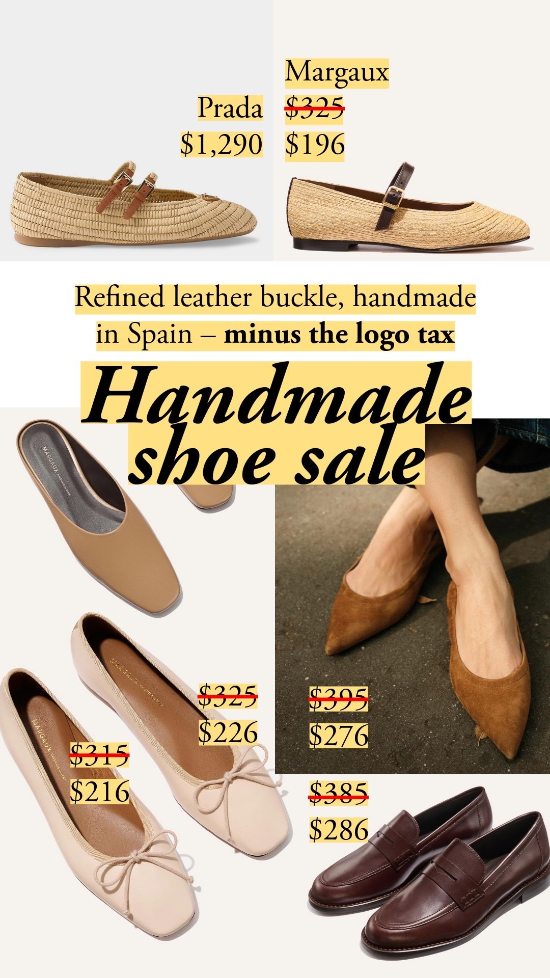 Handmade-in-Spain flats and loafers on archive sale at Margaux! Leather upper, lining, and sole, with the kind of refined buckle and clean edges Prada charges $1,290 for. My picks are roughly 25–40% off; the woven Mary Jane is the deepest cut. Margaux flats, woven Mary Jane flats, leather ballet flats, brown penny loafers, leather mules, suede pointed flats, handmade in Spain shoes, Prada woven flats dupe, archive sale shoes, neutral flats, quiet luxury shoes, raffia Mary Janes

#LTKootd