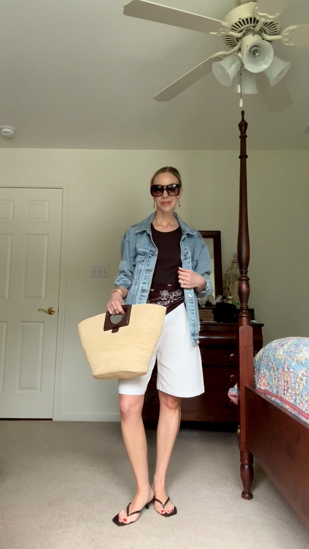 Casual summer outfit with oversized denim jacket, brown bandana scarf @Madewell, white linen bermuda shorts, Le Tanneur straw tote

#LTKSeasonal #LTKOver40 #LTKSaleAlert