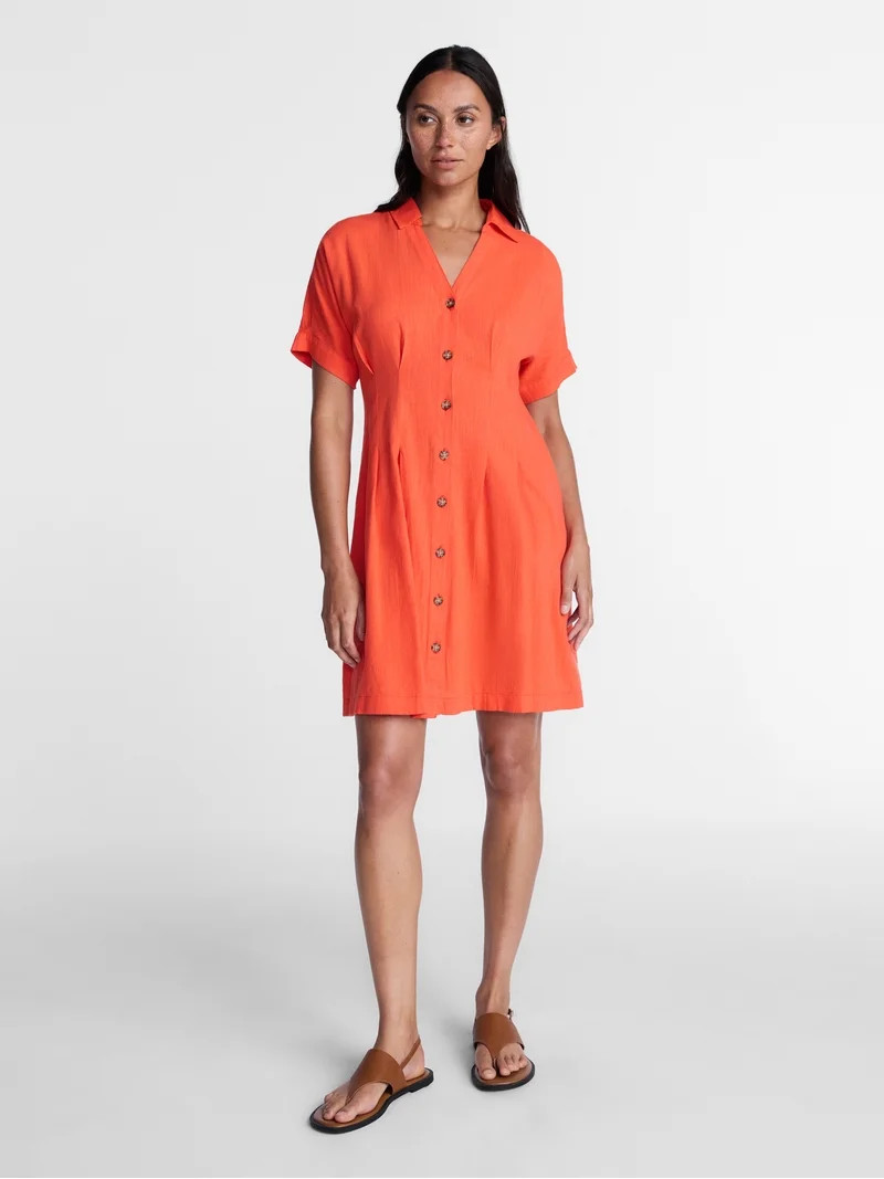 Time and Tru Women's Linen Pleated Waist Fit And Flare Mini Shirt Dress, Sizes XS-XXXL - Walmart.... | Walmart (US)
