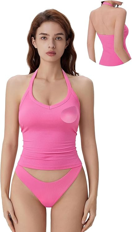 SUUKSESS Halter Tank Top for Women with Built in Bra Cotton Ribbed V Neck Cami | Amazon (US)