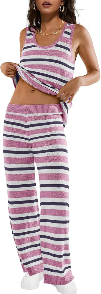 LAMISSCHE Womens Loungewear Set Oversized 2 Piece Outfits Striped Sweater Set Tank Top and Wide L... | Amazon (US)