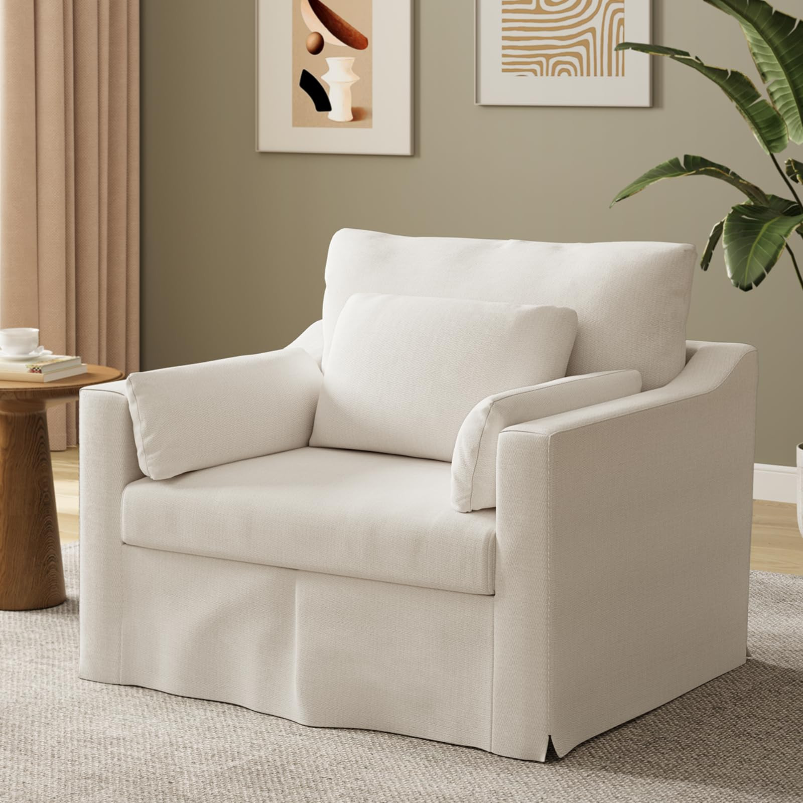 Oversized Accent Chair, 42 Inch Wide Slipcovered Sofa Chair with 3 Throw Pillows, Deep Seat Armchair w/Pocket Spring Cushion, Sloped Arms, Modern Single Couch for Living Room, Apartment, Beige | Amazon (US)