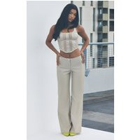 Stone Faux Leather Low Rise Wide Leg Trousers | PrettyLittleThing UK