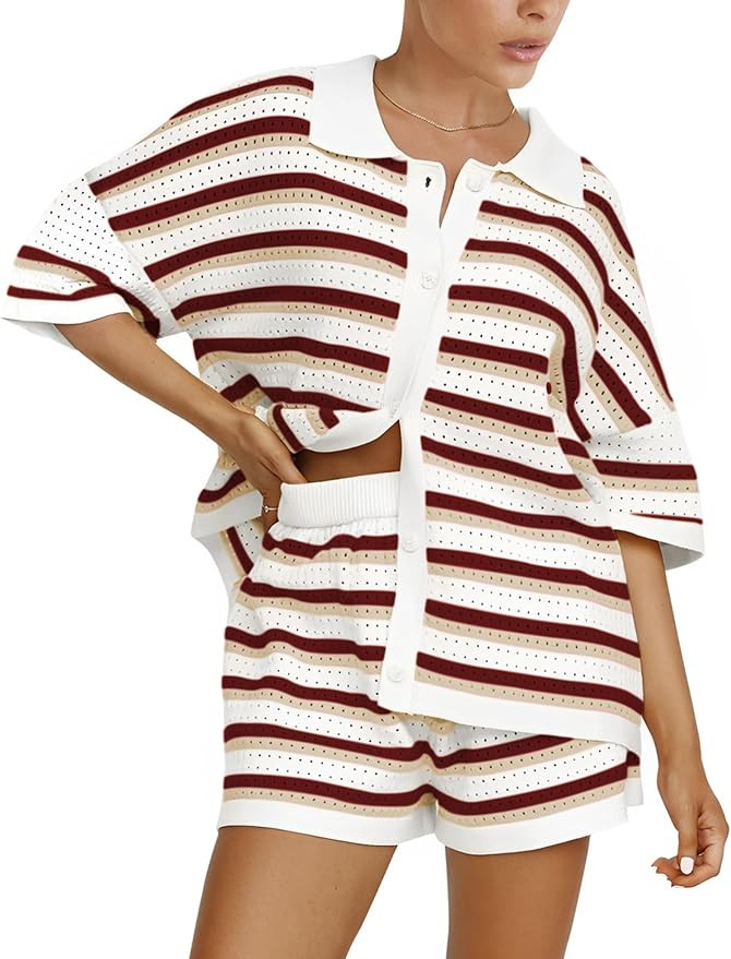 Crochet Short Sets 2 Two Piece for Women Striped Knit Button Top and Shorts Matching Sets Summer | Amazon (US)