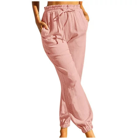 ylioge Linen Pants for Women Womens Cotton Casual Loose Solid Color Elastic High Wasited Drawstring with Pockets Yoga Pants | Walmart (US)