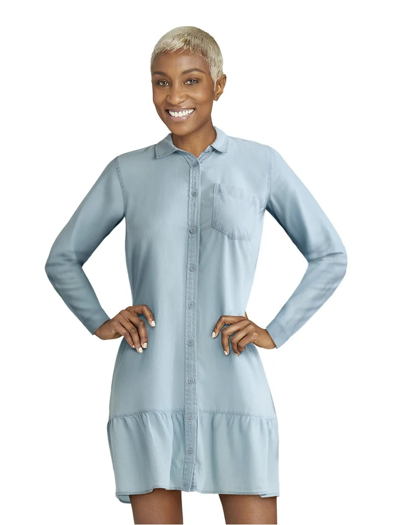 Time and Tru Women's and Women’s Plus Tiered Mini Shirtdress with Long Sleeves, Sizes XS-3XL | Walmart (US)