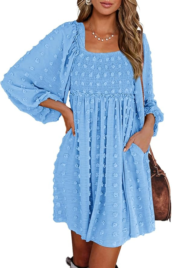 BTFBM Womens Long Sleeve Dress Summer Vacation Square Neck Smocked Floral Mini Boho Spring Weddin... | Amazon (US)