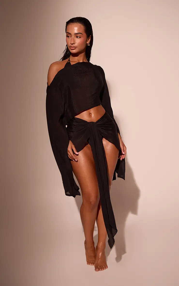 Black PrettyLittleThing Linen Look Drape Shoulder Top | Boohoo | Boohoo.com (UK & IE)