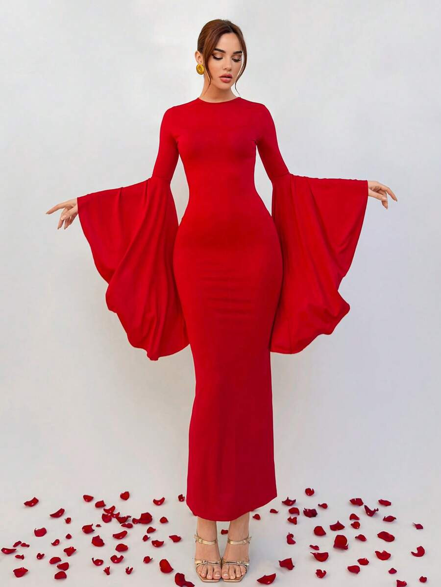 Aloruh Women Elegant Valentine's Day Holiday New Years Party Extra Long Bell Sleeve Cinched Waist... | SHEIN