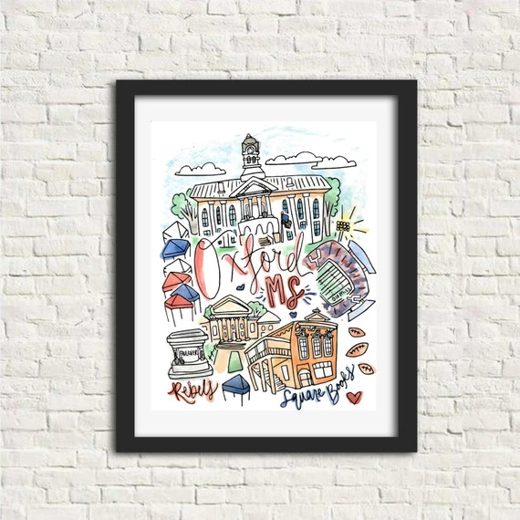 Oxford, Mississippi MS City Illustration Wall Art Print Gift 8x10 // Ole Miss University of Missi... | Etsy (US)
