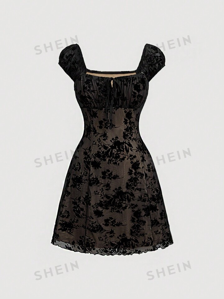 -5%SHEIN MOD Heart Neck Solid Color Ruched Bust Bell Sleeve Flocked Jacquard Maxi Jumpsuit Dress,... | SHEIN