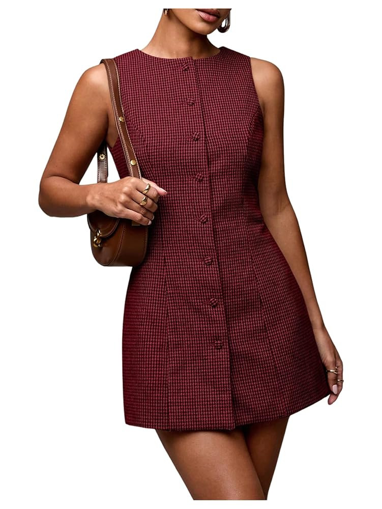 SOLY HUX Women's Plaid Button Down Dress Crew Neck Sleeveless Tie Back Work Office Mini Dresses | Amazon (US)