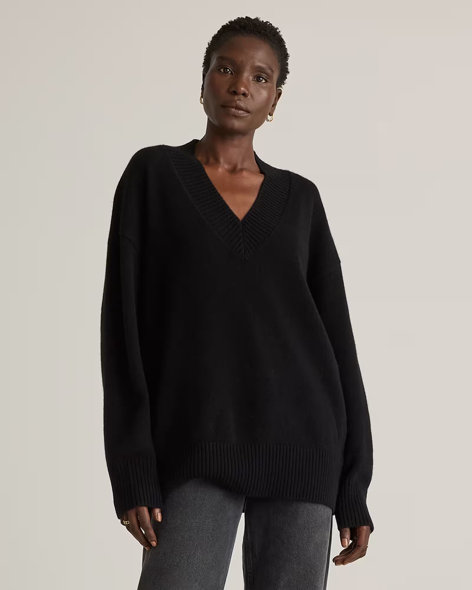 Mongolian Cashmere Oversized V-Neck Sweater	 in Black | Quince